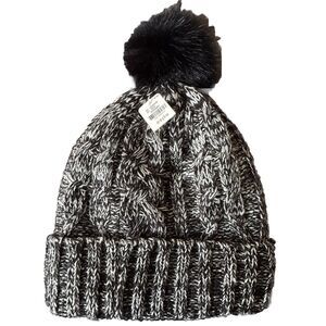 Victoria’s Secret Pink Sherpa Lined Beanie Hat Marbled Gray With Pom Pom OS NWT